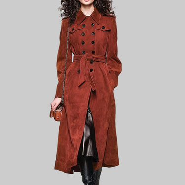 Suede Double Breasted Long Belted Trench coat